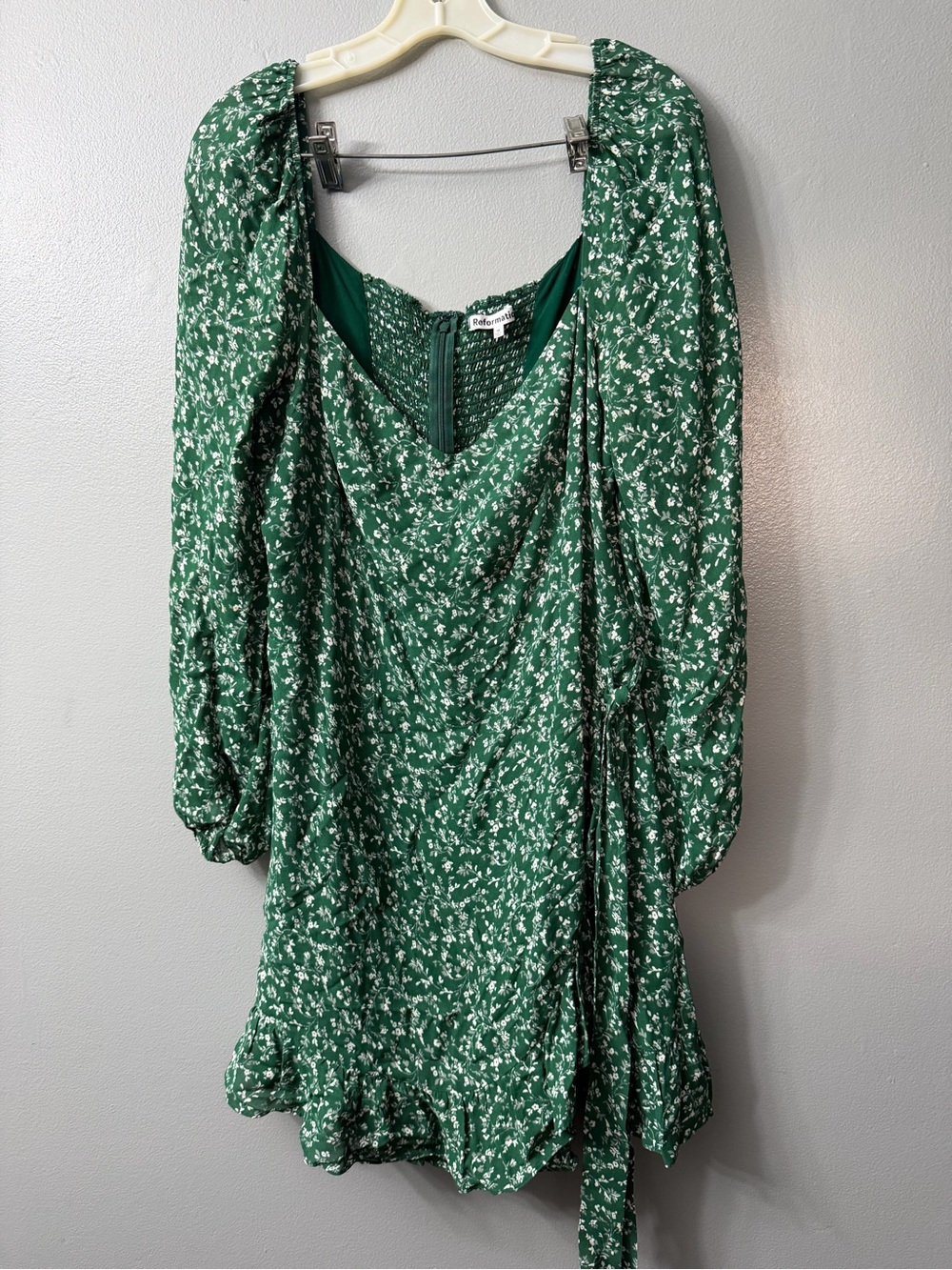 Reformation Cammi minidress green floral print, long puff sleeves, 16